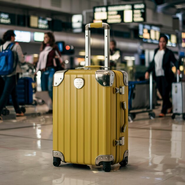 Maleta de viaje amarilla en el aeropuerto