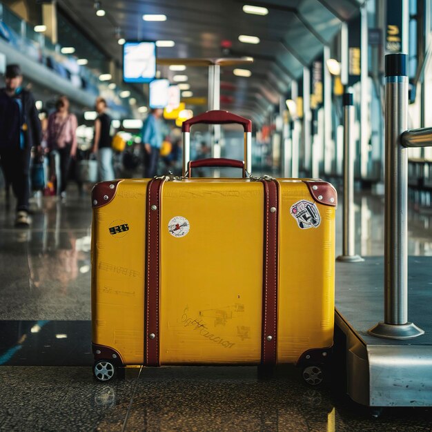 Maleta de viaje amarilla en el aeropuerto