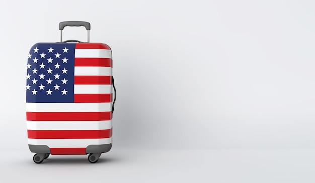 Maleta de viaje con la bandera de Estados Unidos Destino de vacaciones 3D Render