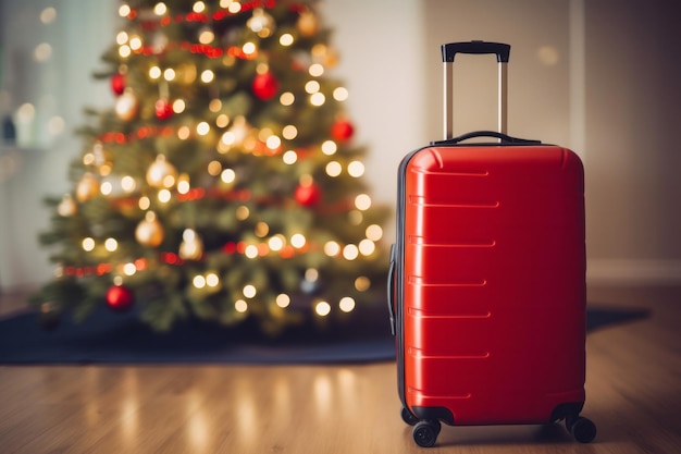 Una maleta de viaje frente a un árbol de Navidad festivo concepto de viaje estacional