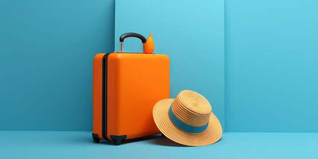 Maleta de viaje naranja con sombrero de paja sobre fondo azul Concepto de viaje IA generativa