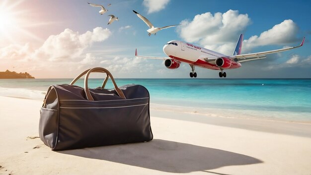 Maleta de viaje en la playa y aterrizaje del avión