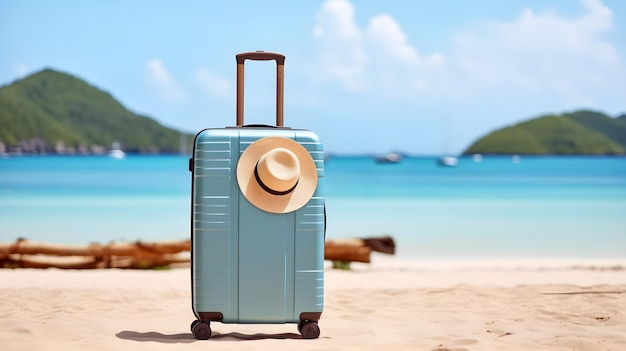 maleta de viaje con sombrero en la playa