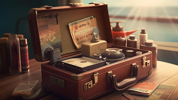 Maleta de viaje vintage con mapa y brújula en la playa Concepto de viaje generativo ai