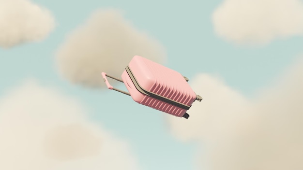 Foto maleta de viaje volando por el cielo nublado