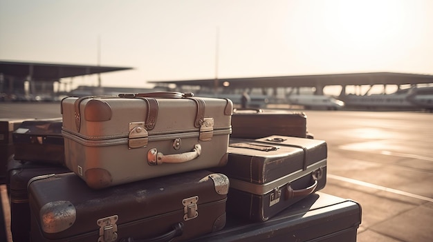 Maletas en el aeropuerto con aviones de fondo con ai generativa