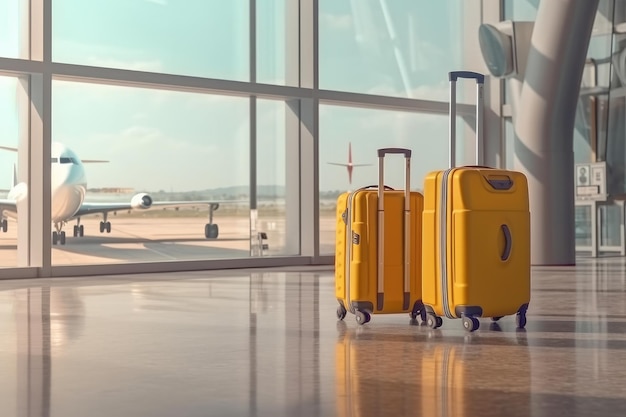 Maletas amarelas em um aeroporto com um avião ao fundo