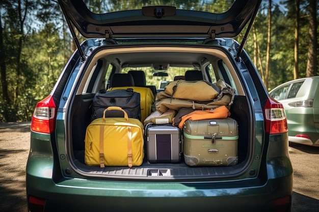 Maletas y bolsas en el maletero del coche listas para partir de vacaciones