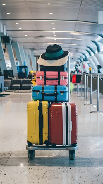 Maletas coloridas e chapéu em carrinho no terminal moderno do aeroporto Papel de parede móvel vertical