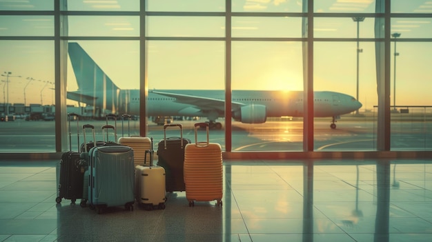 Maletas coloridas de pie en una fila en el aeropuerto cerca de la ventana con vista a la hora del atardecer del avión