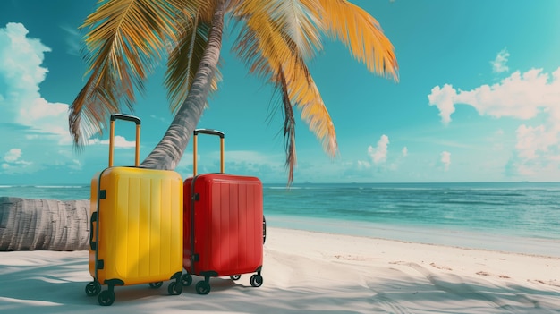 Maletas de cores brilhantes por uma palmeira em uma praia tropical com céu azul