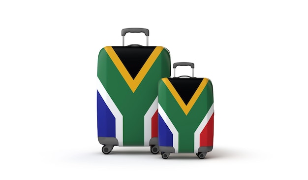 Maletas de destino de vacaciones de bandera de sudáfrica aisladas en blanco d render
