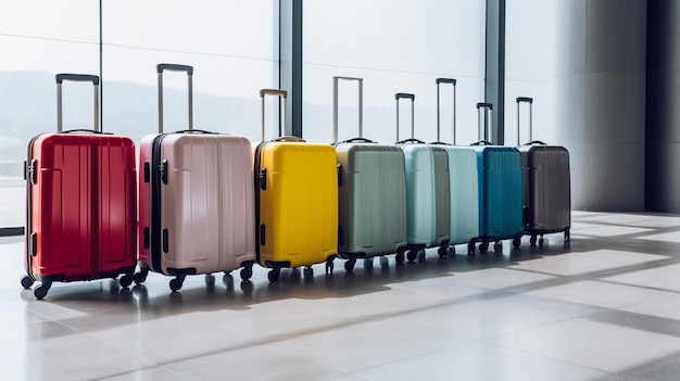 Maletas de equipaje en la bandera ancha del aeropuerto con área de espacio de copia para vacaciones y conceptos de viajes de vacaciones