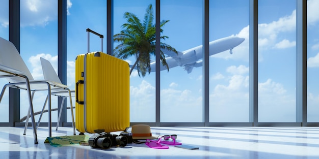 Maletas y equipaje diverso para viajar en el aeropuerto renderización 3d