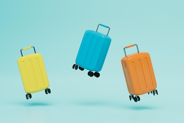 Maletas de equipaje multicolores volando sobre un fondo azul 3D Render