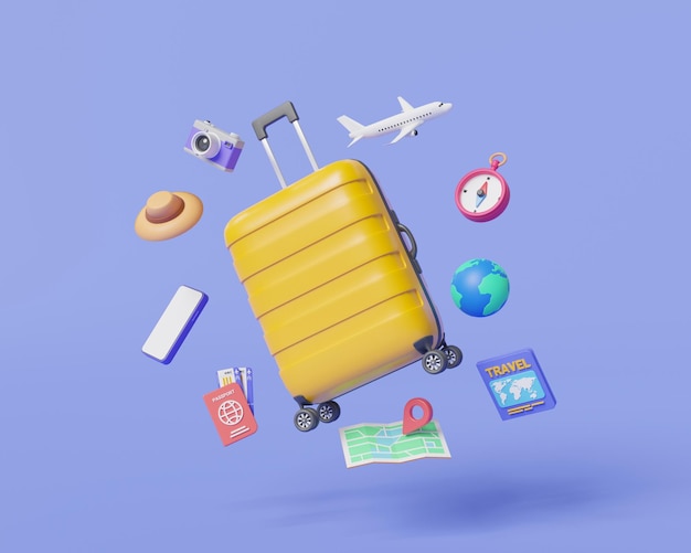 Foto maletas con equipos de viaje flotando alrededor planificación de viajes viaje de vacaciones de verano viaje al mundo reserva de viajes viaje alrededor del mundo viaje y turismo concepto ilustración de renderización 3d