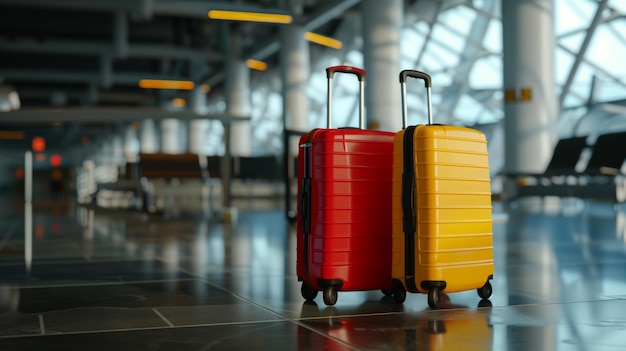 Maletas rojas y amarillas una al lado de la otra en una terminal del aeropuerto