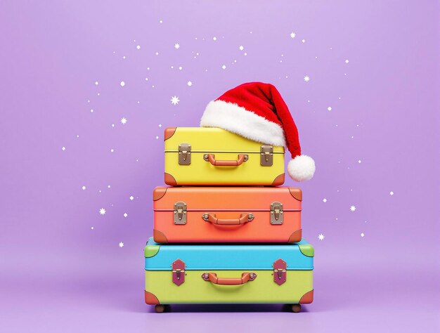 Maletas con sombrero de Papá Noel sobre un fondo nevado y colorido