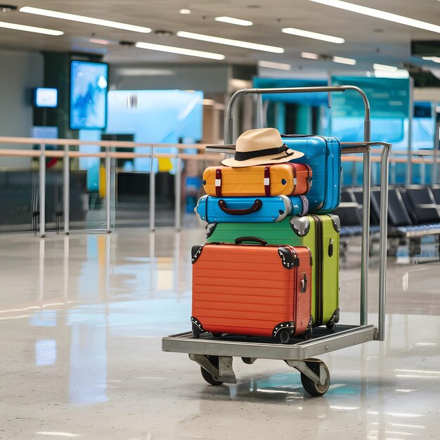 Foto maletas y sombreros coloridos en el tranvía en la moderna terminal del aeropuerto para las redes sociales