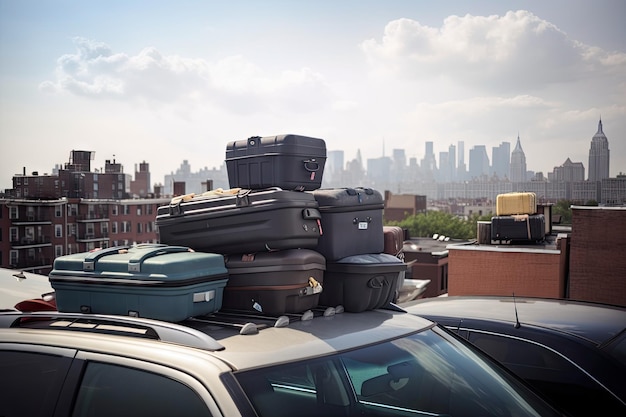 Maletas en el techo del coche con vistas al ajetreado paisaje urbano