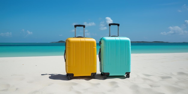 Maletas en las vacaciones en la playa Maletas de equipaje de mano brillantes contra el fondo del mar y la arena en la playa Emigración