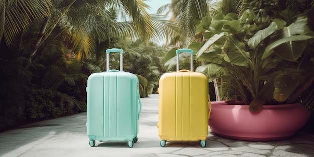 Maletas en vacaciones en el resort Maletas de equipaje de mano brillantes contra el fondo Emigración del hotel