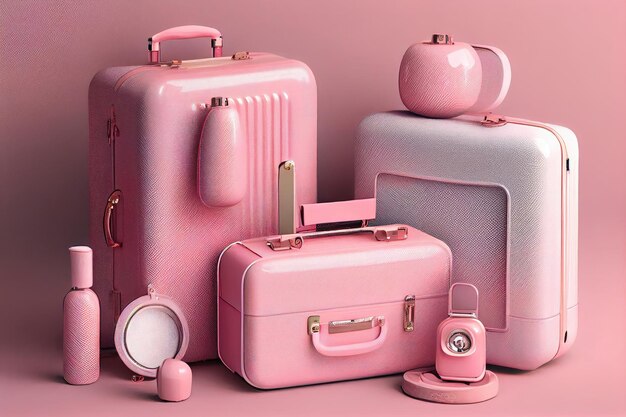 Maletas para viajar equipaje elegante rosa con cosméticos y accesorios.