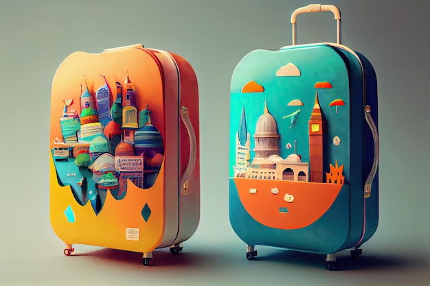 Maletas para viajar con pegatinas de países extranjeros y vistas de la ciudad.