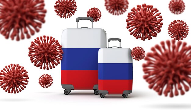 Maletas de viaje con bandera de rusia con representación de coronavirus d