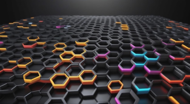 Foto malha hexagonal de aço inoxidável preto fonte neon color3d ilustração hexagonial tecnológica