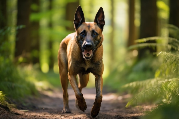 malinois belga caminando por un sendero en el bosque