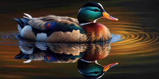 Mallard mit bunten Federn schwimmt im See mit der Reflexion der Umgebung