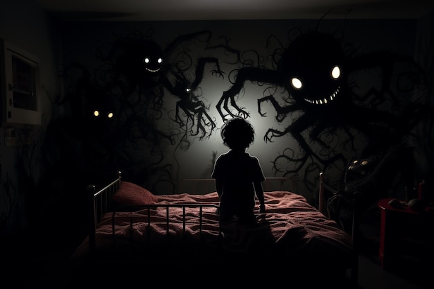 Malos sueños de bebé pesadillas terrores nocturnos problemas para dormir sueños sombríos terapia de sueño nocturno de bebé monstruos de cama de bebé en la imaginación monstruos en la pared y debajo de la cama fantasmas