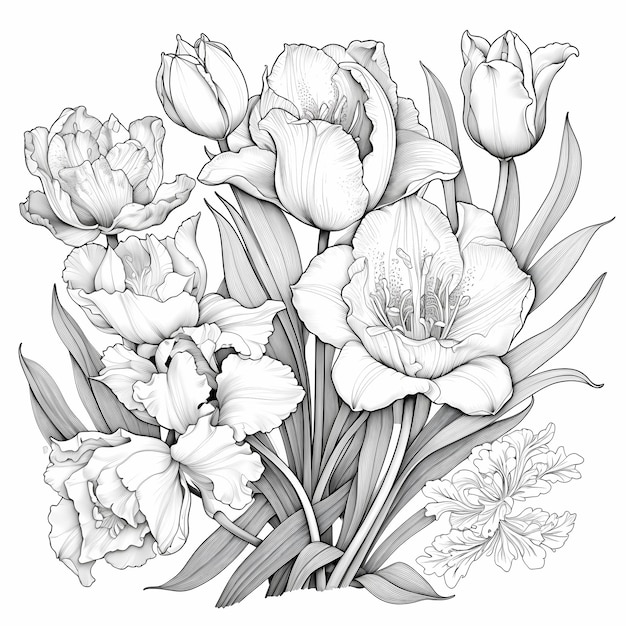 Malseite für Erwachsene mit schwarzweißen Illustrationen von Tulpen, Iris und Rhododendronen