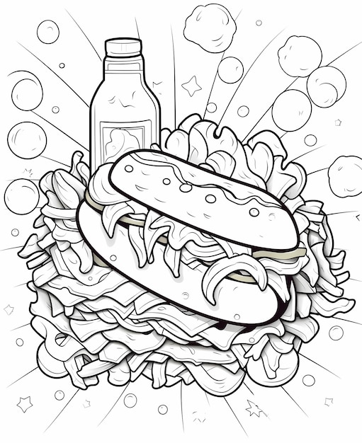 Malseite für Kinder Hotdog-Essen Kawaii-Stil sehr niedrig Detail druckbar