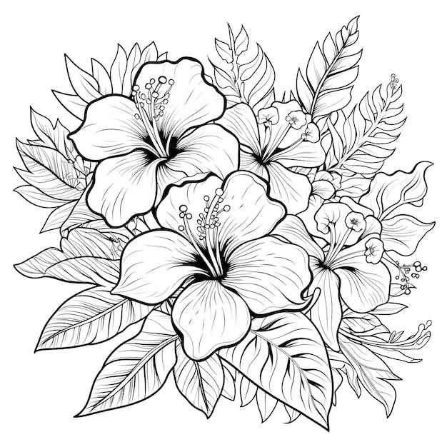 Malseite mit tropischen Blumen im schwarz-weißen Monolin-Stil