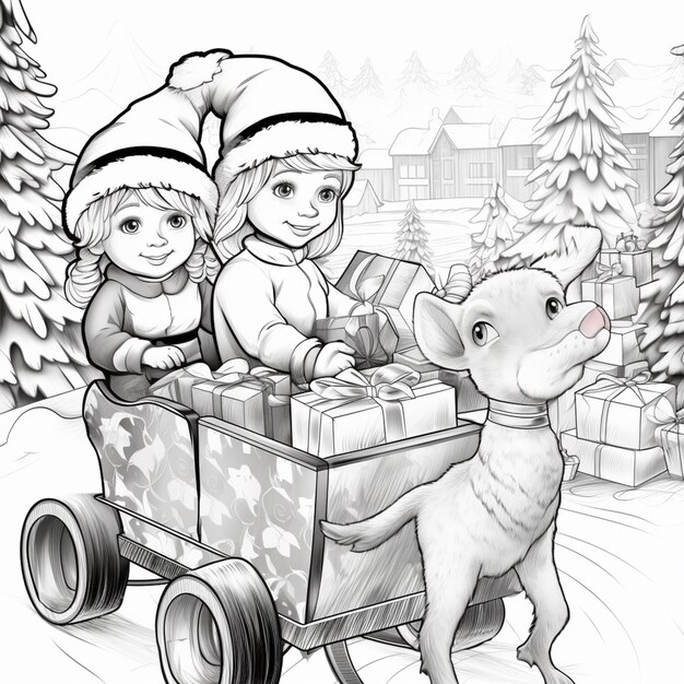 Foto malseite von zwei kindern und einem hund in einem wagen mit geschenken generative ai