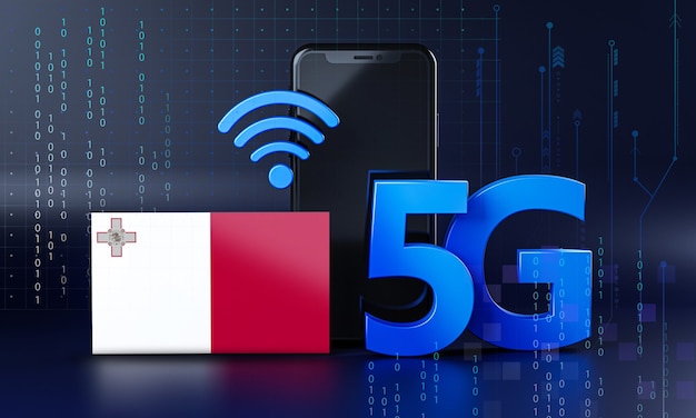 Malta pronta para o conceito de conexão 5G. Fundo de tecnologia de smartphone de renderização 3D