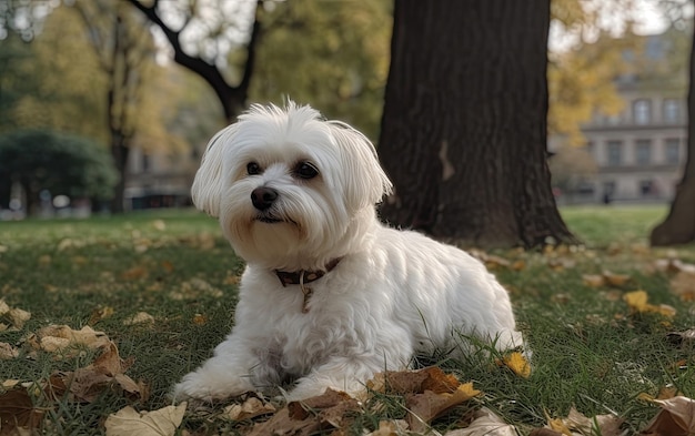 Maltês está sentado na grama no parque profissional publicidade post foto ai gerado