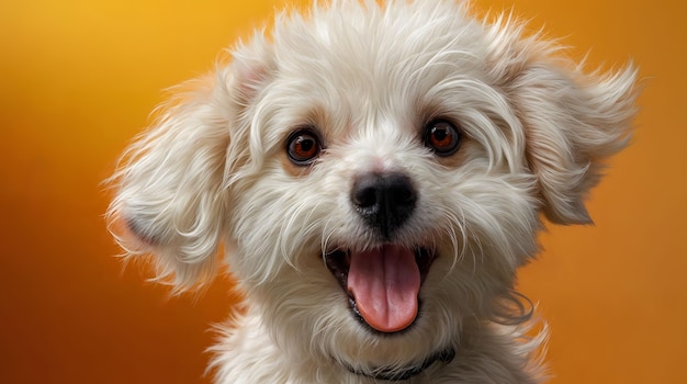 Foto maltesischer hund mit weißer flosse und zunge gegen eine gelbe generative ki