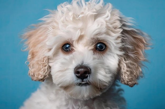 Maltipoo contra um pano de fundo azul Cachorro encaracolado no estúdio de fotografia Poodle maltês