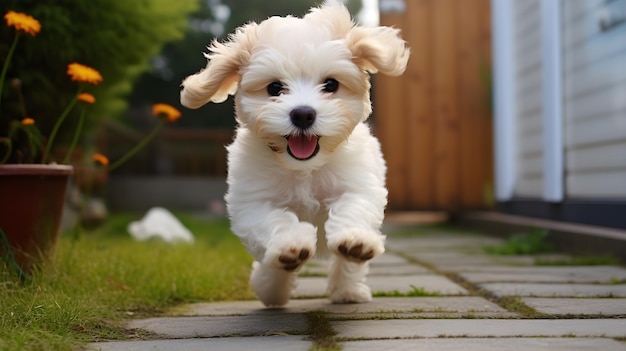 Maltipoo-Hündchen, eine Mischung aus Malteser- und Pudelrassen, läuft draußen in der Nähe von zu Hause.