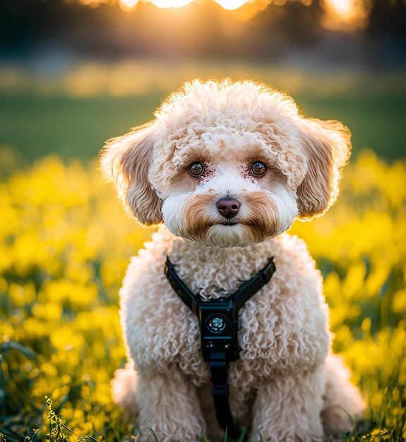 Maltipoo-Hund auf einem natürlichen Frühlingsfeld Hintergrund Illustration Generative AI