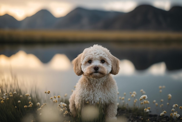 Maltipoo-Hund auf einem natürlichen Frühlingsfeld Hintergrund Illustration Generative AI