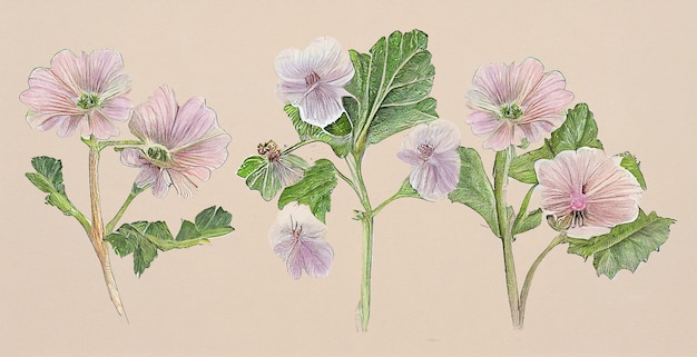 Malva (Malva sylvestris). Ilustração botânica em papel branco. As melhores plantas medicinais