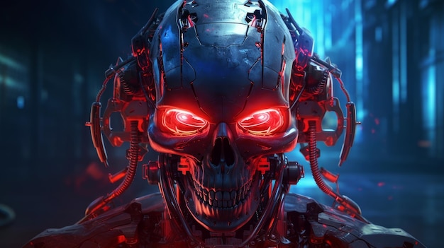 malvado cyborg espeluznante con ojos rojos