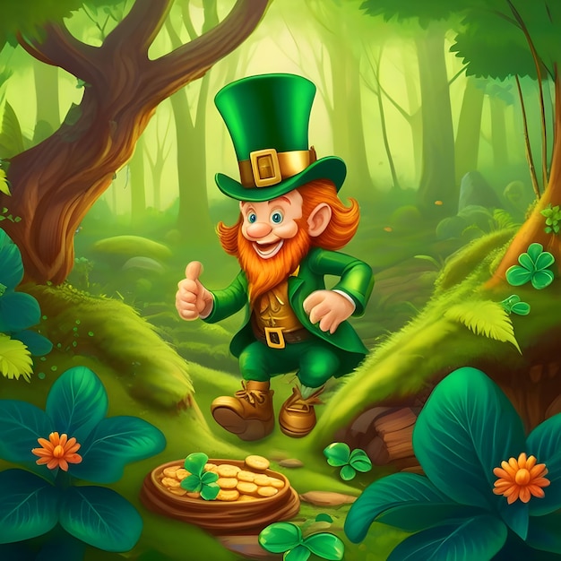 Foto un malvado duende haciendo trucos en un bosque verde exuberante ilustración de ia generar imagen