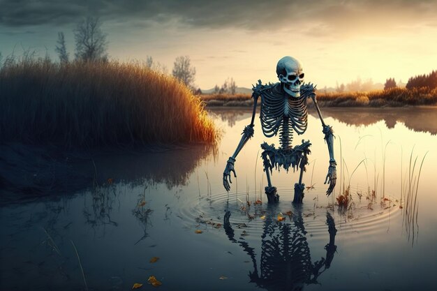 Malvado esqueleto muerto sale del estanque del pantano Terrible esqueleto muerto viviente ahogado Reflejo en el agua crepúsculo nocturno