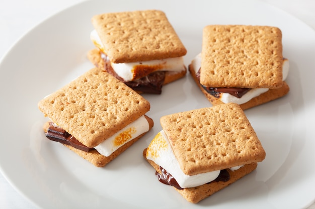 Foto malvaviscos caseros s'mores con chocolate en galletas