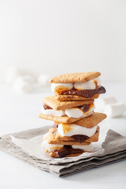 Malvaviscos caseros s'mores con chocolate en galletas